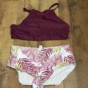 Burgundy Bikini Top and Leaf Print Bottoms